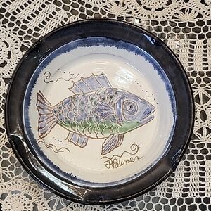 Handcrafted J. Palmer Fish Design Pottery Bowl, signed